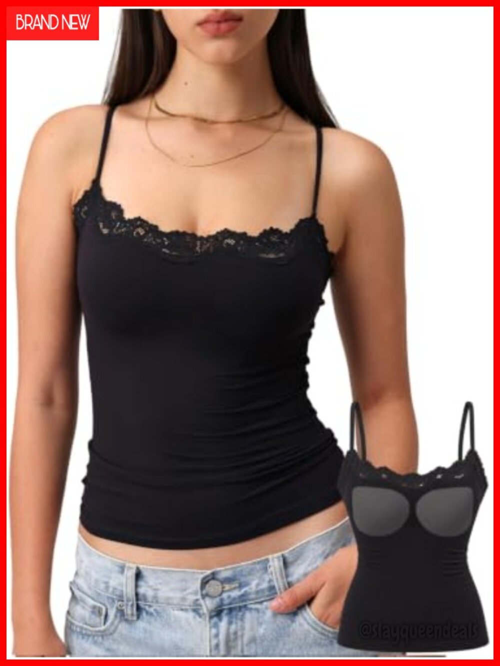 Lace Trim Crop Tank Top Double Lined Padded Cami Going Out Top